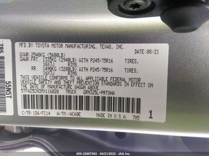 2021 TOYOTA TACOMA 2WD SR5/TRD SPORT 5TFAZ5CN3MX116028