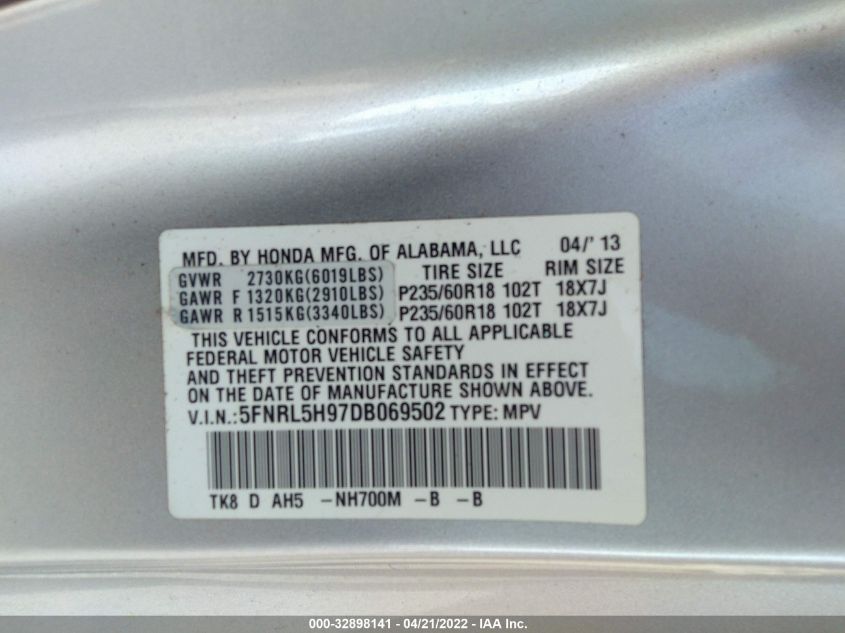 2013 HONDA ODYSSEY TOURING 5FNRL5H97DB069502