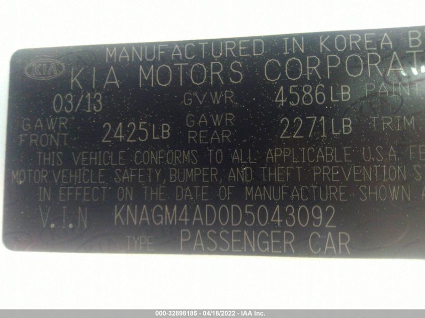 2013 KIA OPTIMA HYBRID HYBRID KNAGM4AD0D5043092