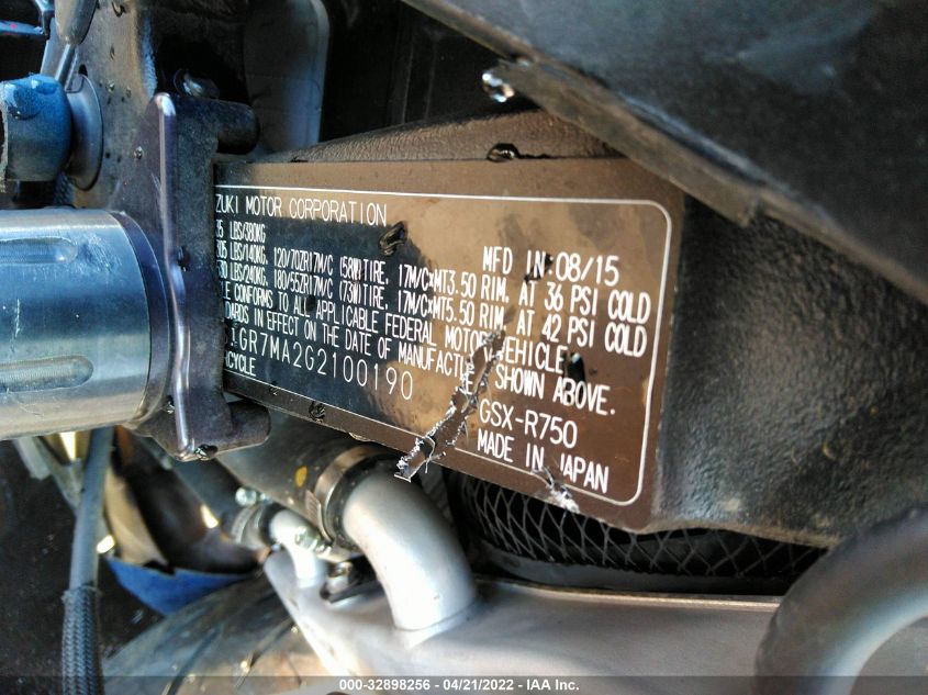 2016 SUZUKI GSX-R750 JS1GR7MA2G2100190