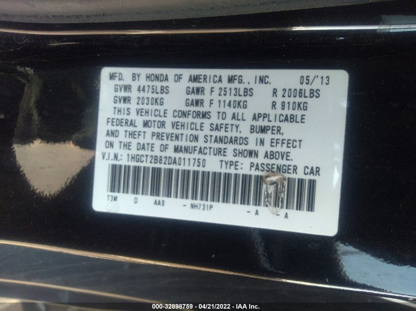 2013 HONDA ACCORD CPE EX-L 1HGCT2B82DA011750