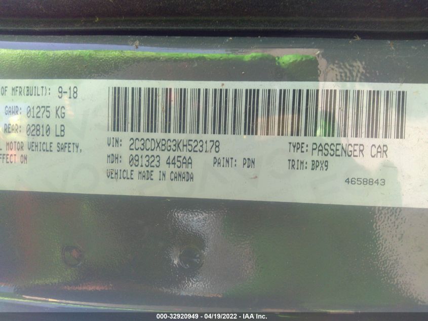 2019 DODGE CHARGER SXT - 2C3CDXBG3KH523178