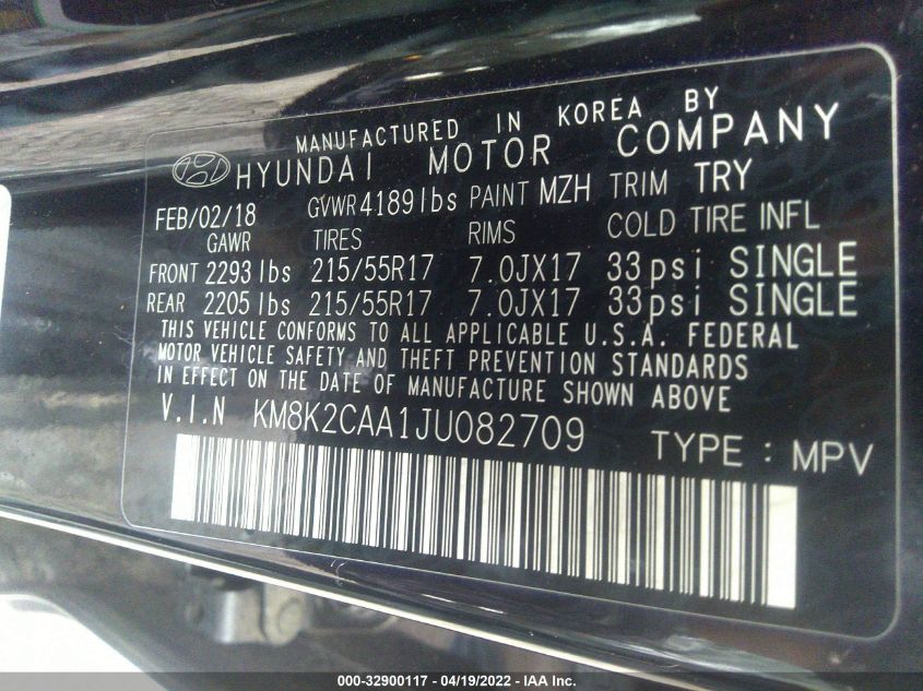 2018 HYUNDAI KONA SEL KM8K2CAA1JU082709
