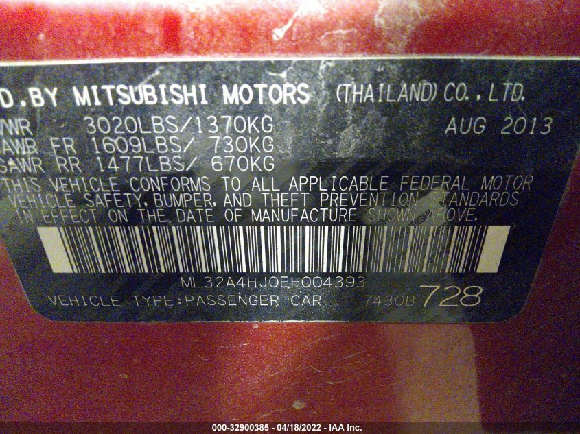 2014 MITSUBISHI MIRAGE ES ML32A4HJ0EH004393