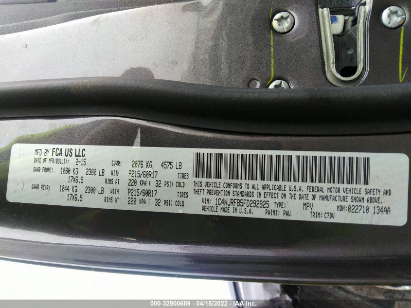 2015 JEEP PATRIOT LATITUDE 1C4NJRFB5FD292925