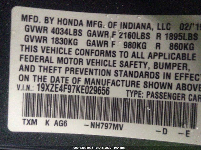 2019 HONDA INSIGHT TOURING 19XZE4F97KE029656