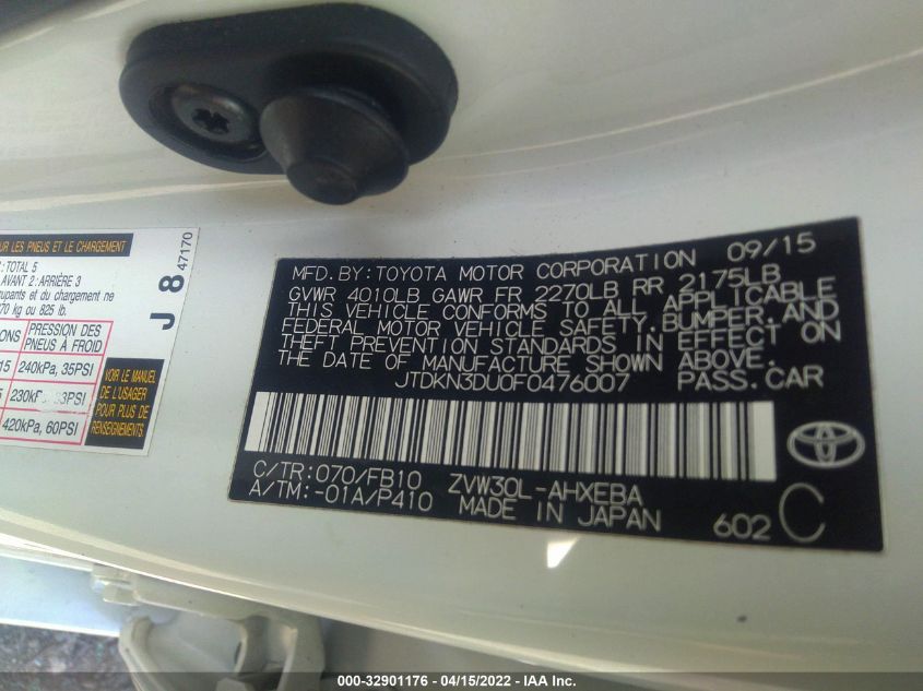 2015 TOYOTA PRIUS FOUR JTDKN3DU0F0476007