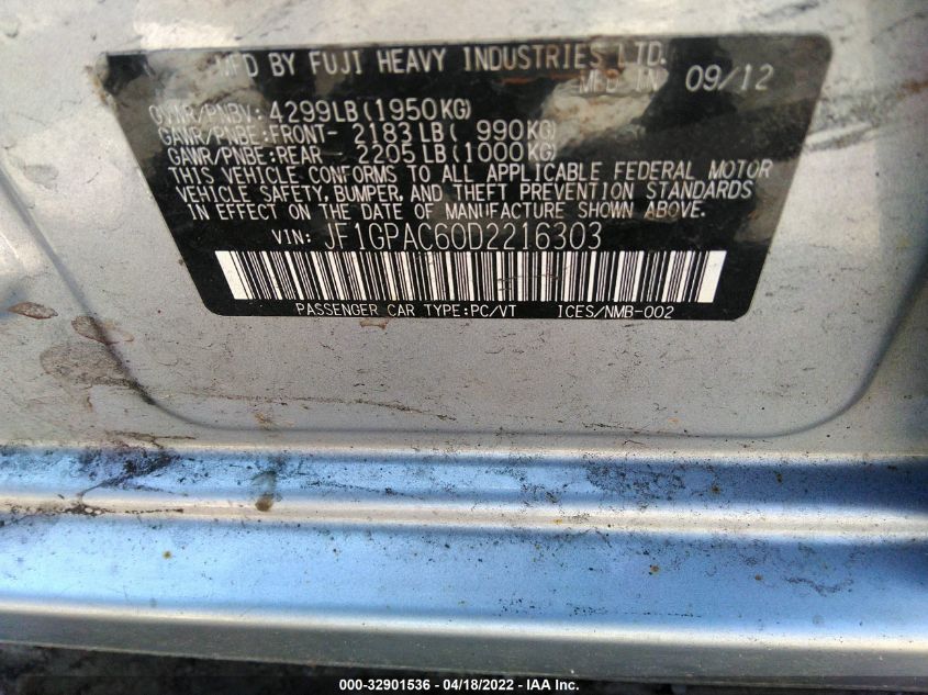 2013 SUBARU IMPREZA WAGON 2.0I PREMIUM JF1GPAC60D2216303