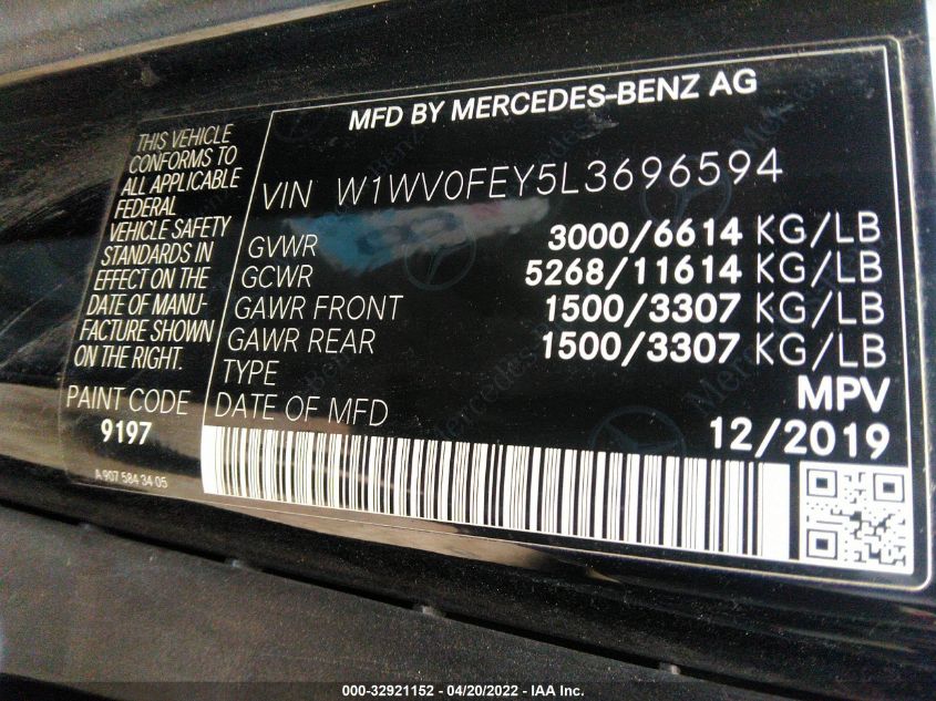 2020 MERCEDES-BENZ METRIS PASSENGER VAN W1WV0FEY5L3696594