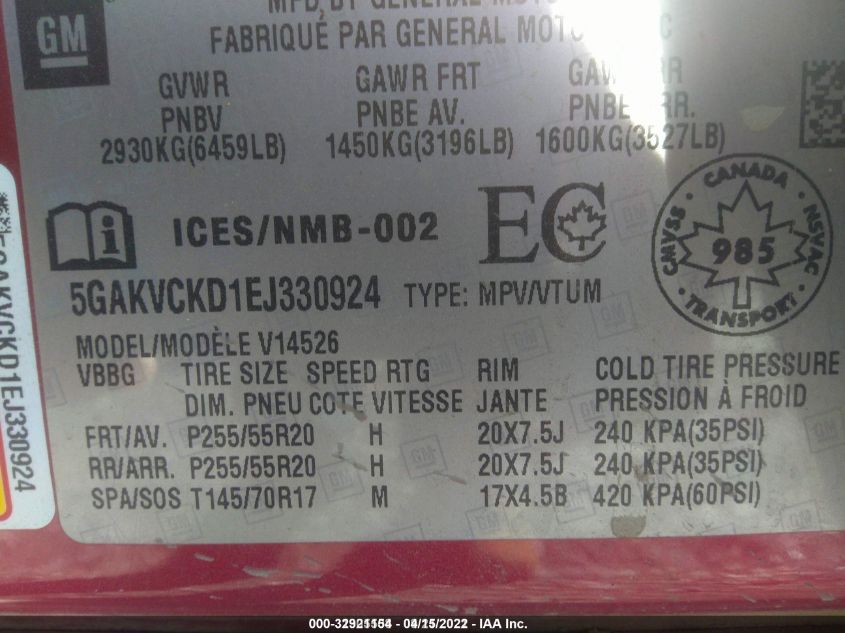 2014 BUICK ENCLAVE PREMIUM 5GAKVCKD1EJ330924