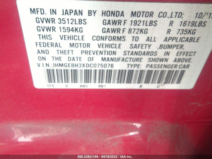 2013 HONDA FIT JHMGE8H3XDC075076