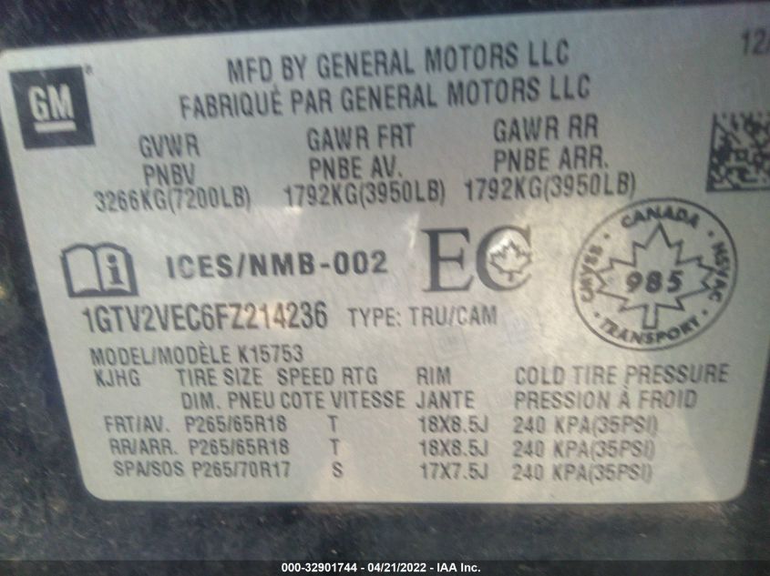 2015 GMC SIERRA 1500 SLT 1GTV2VEC6FZ214236