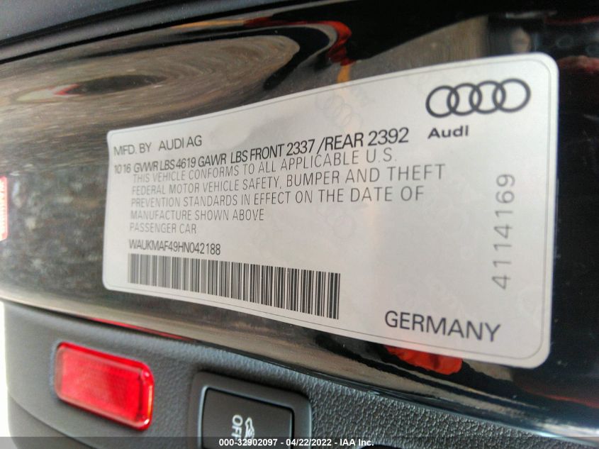 2017 AUDI A4 SEASON OF AUDI ULTRA WAUKMAF49HN042188