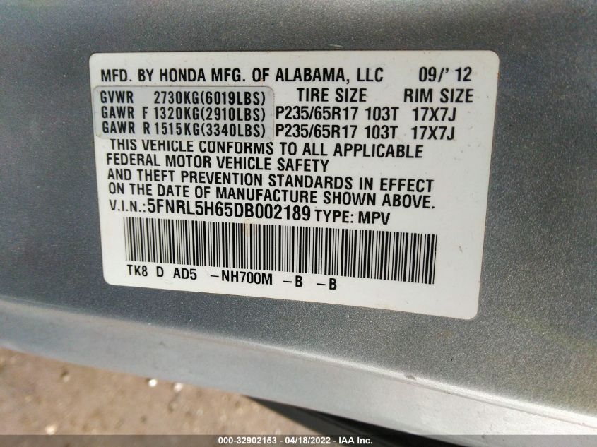 2013 HONDA ODYSSEY EX-L 5FNRL5H65DB002189