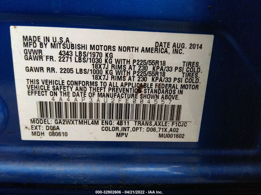 2015 MITSUBISHI OUTLANDER SPORT ES 4A4AP3AU2FE004557