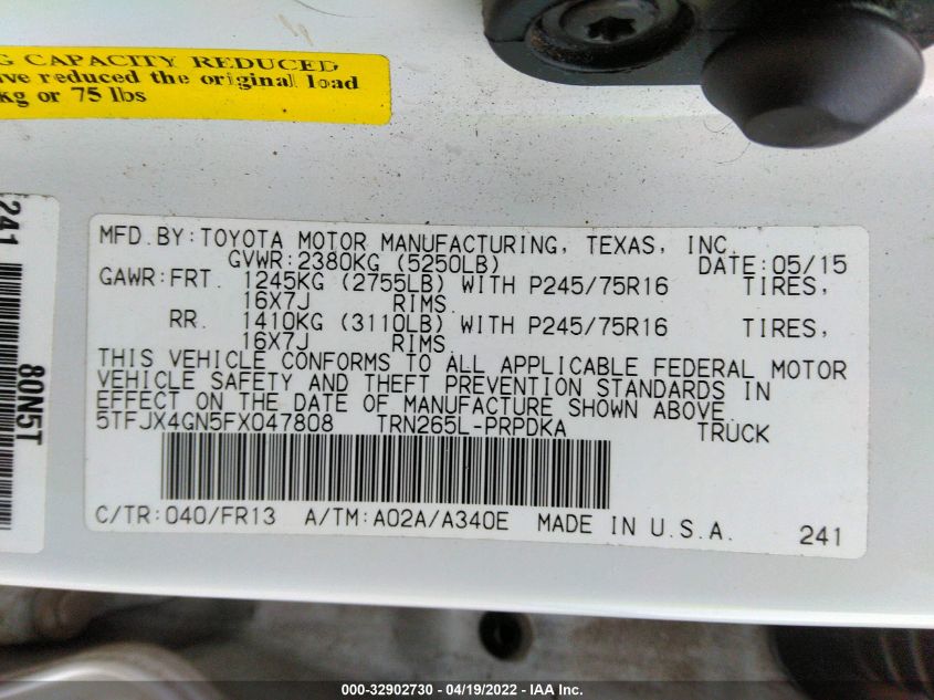2015 TOYOTA TACOMA PRERUNNER 5TFJX4GN5FX047808