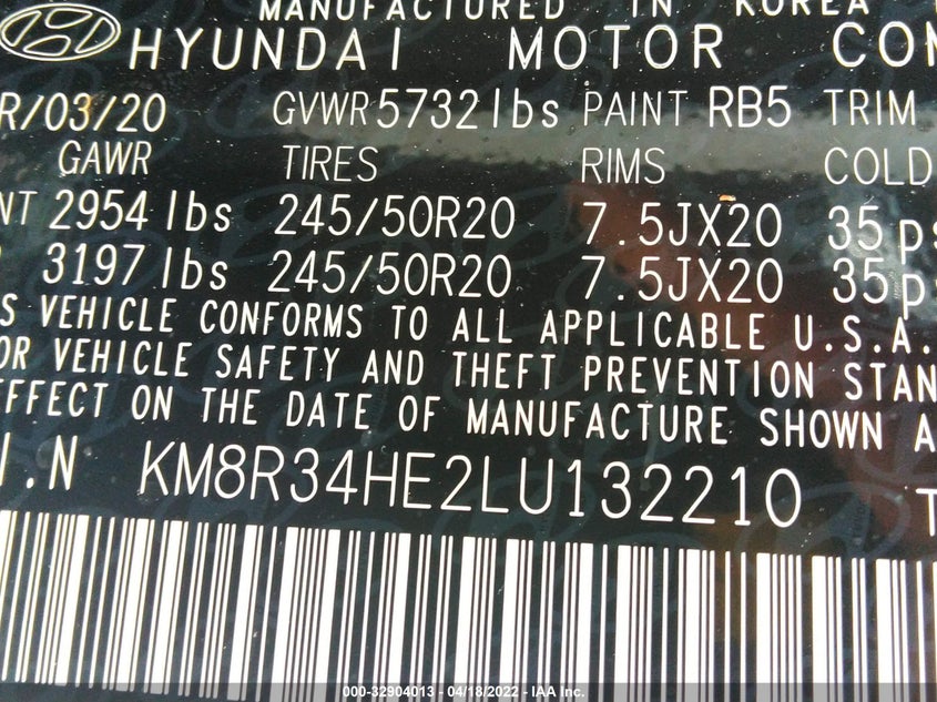 2020 HYUNDAI PALISADE VIN: KM8R34HE2LU132210