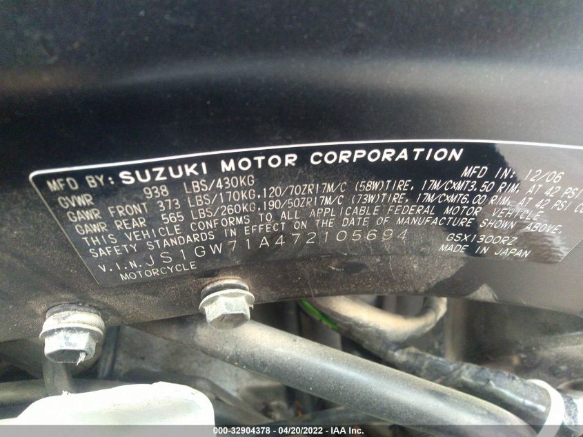 2007 SUZUKI GSX1300 RZ JS1GW71A472105694