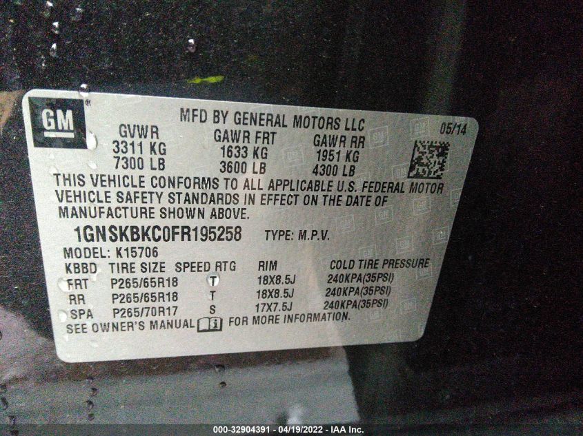 2015 CHEVROLET TAHOE LT 1GNSKBKC0FR195258