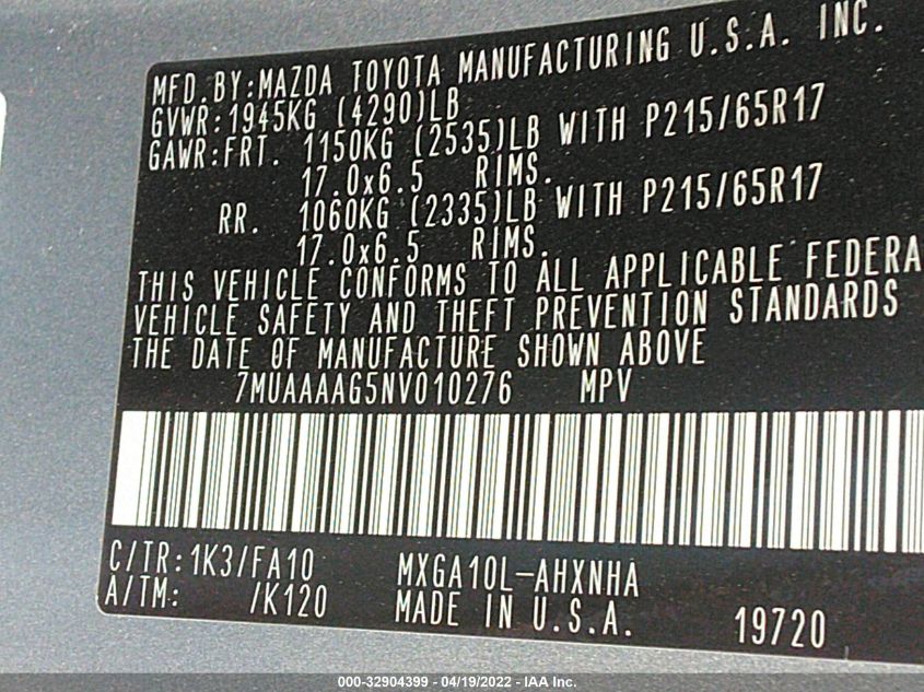 2022 TOYOTA COROLLA CROSS L 7MUAAAAG5NV010276
