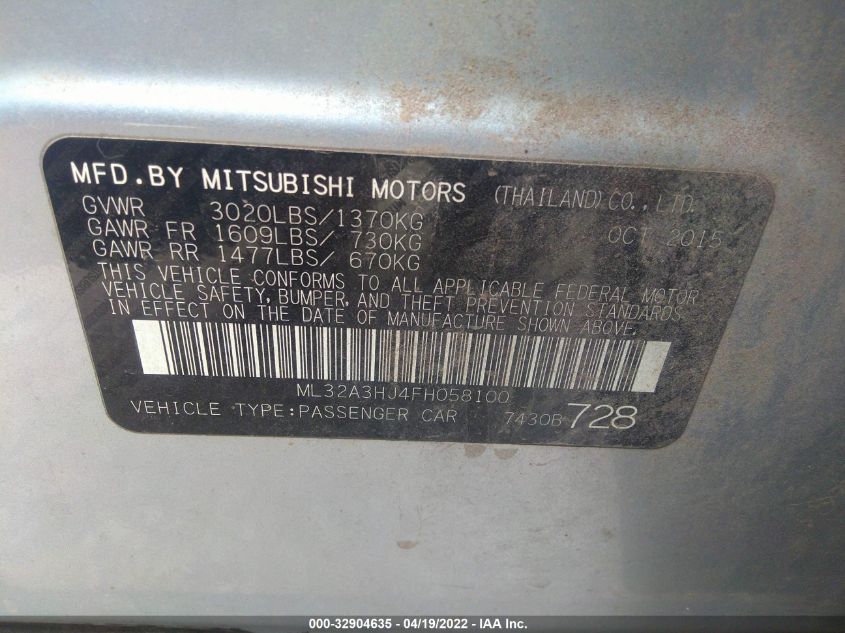 2015 MITSUBISHI MIRAGE DE/RF ML32A3HJ4FH058100