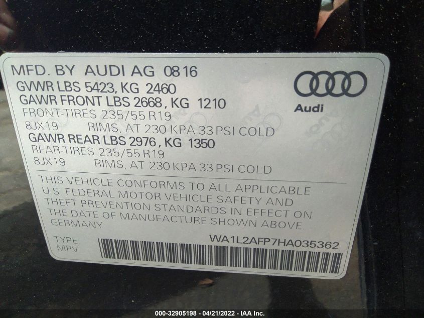 2017 AUDI Q5 PREMIUM PLUS WA1L2AFP7HA035362