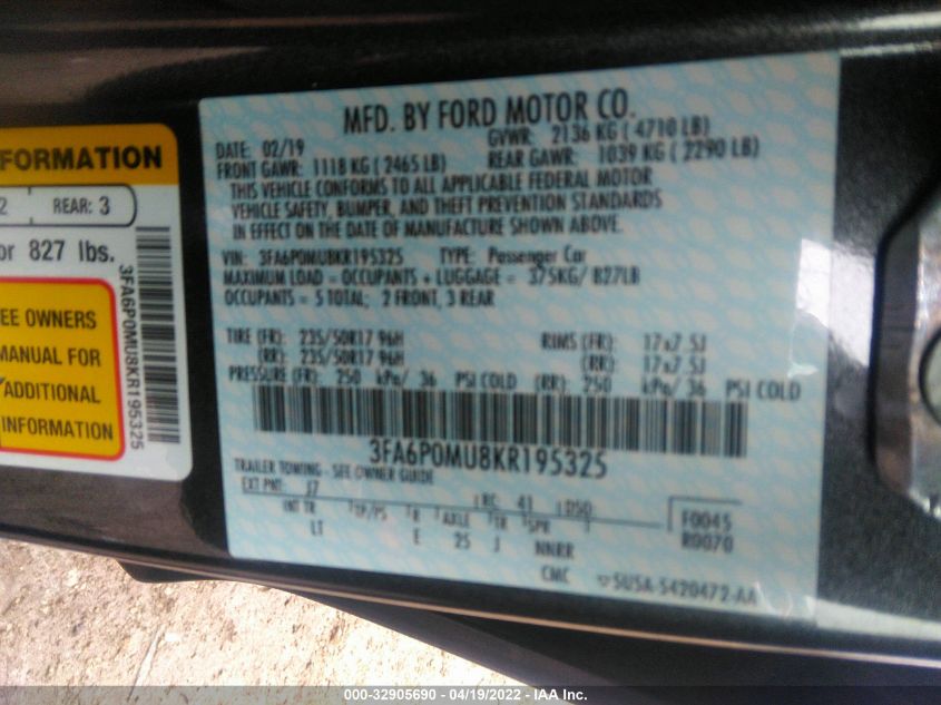 2019 FORD FUSION HYBRID SEL 3FA6P0MU8KR195325