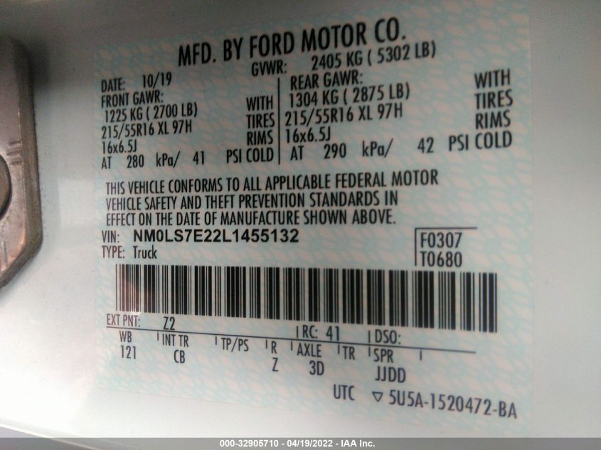 2020 FORD TRANSIT CONNECT VAN XL NM0LS7E22L1455132