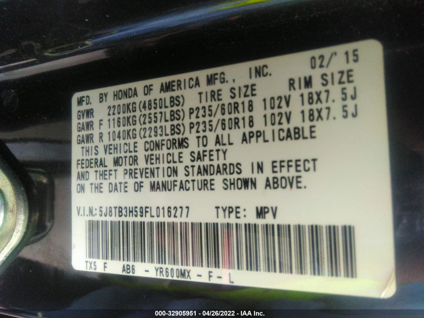 2015 ACURA RDX TECH PKG 5J8TB3H59FL016277