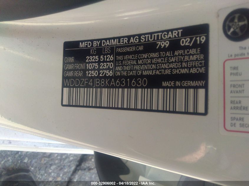 2019 MERCEDES-BENZ E-CLASS E 300 WDDZF4JB8KA631630