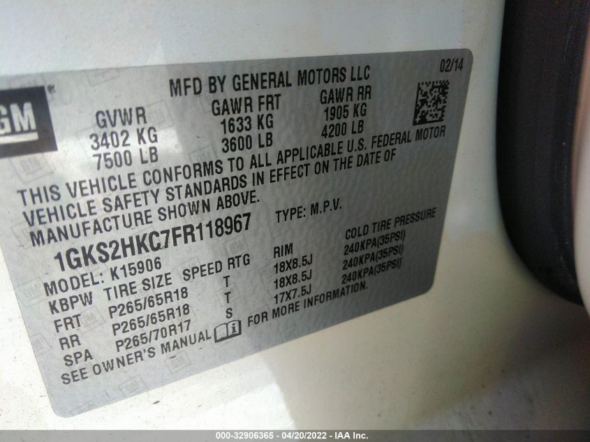 2015 GMC YUKON XL SLT 1GKS2HKC7FR118967