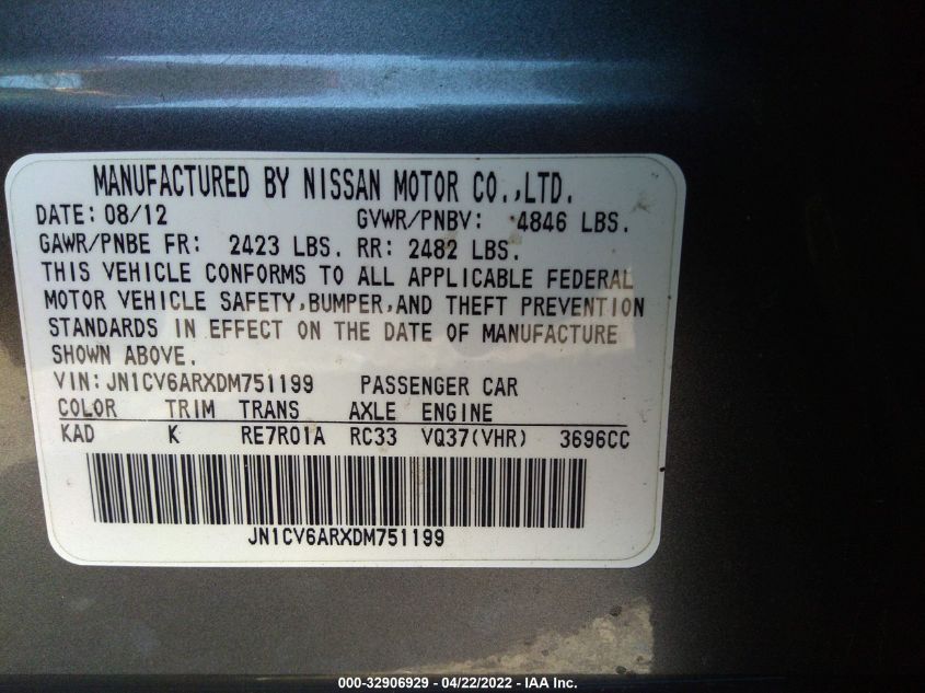2013 INFINITI G37 SEDAN X JN1CV6ARXDM751199