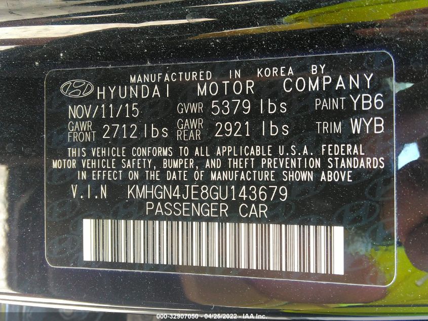 2016 HYUNDAI GENESIS 3.8L KMHGN4JE8GU143679