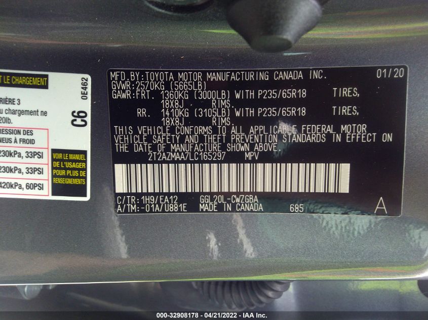 2020 LEXUS RX RX 350 2T2AZMAA7LC165297