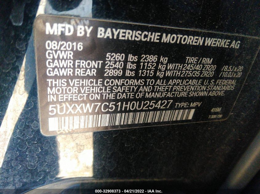 2017 BMW X4 M40I 5UXXW7C51H0U25427