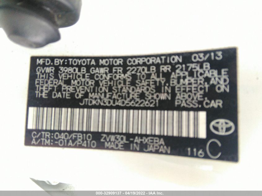 2013 TOYOTA PRIUS ONE/TWO/THREE/FOUR/FIVE JTDKN3DU4D5622621
