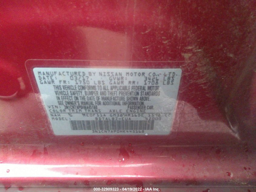 2017 NISSAN VERSA SEDAN SV 3N1CN7AP0HK445168