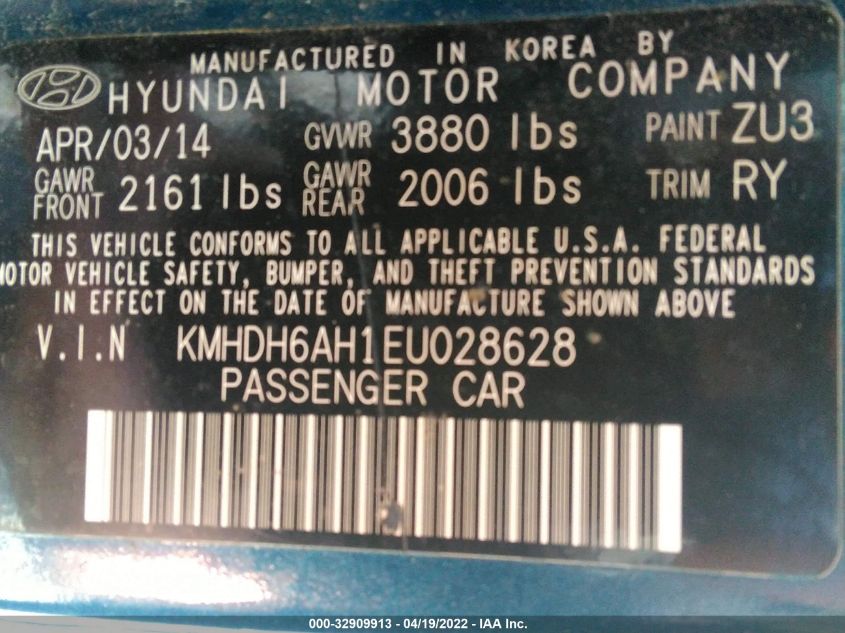 2014 HYUNDAI ELANTRA COUPE KMHDH6AH1EU028628