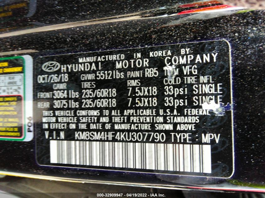 2019 HYUNDAI SANTA FE XL SE KM8SM4HF4KU307790