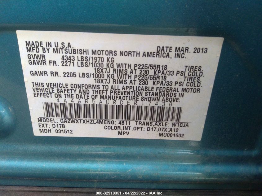 2013 MITSUBISHI OUTLANDER SPORT LE 4A4AR5AU0DE017438
