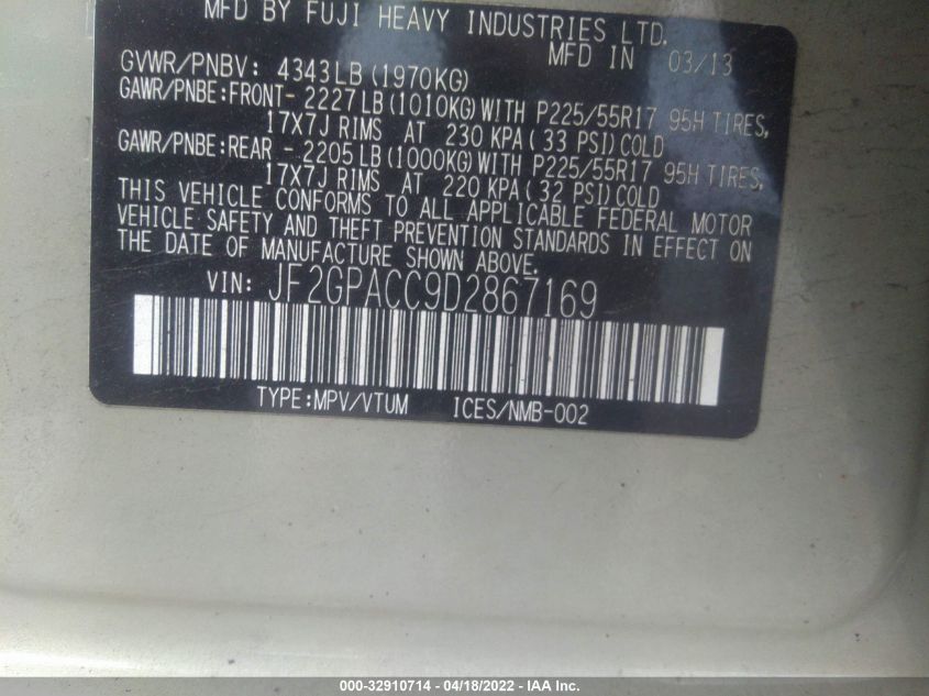 2013 SUBARU XV CROSSTREK PREMIUM JF2GPACC9D2867169