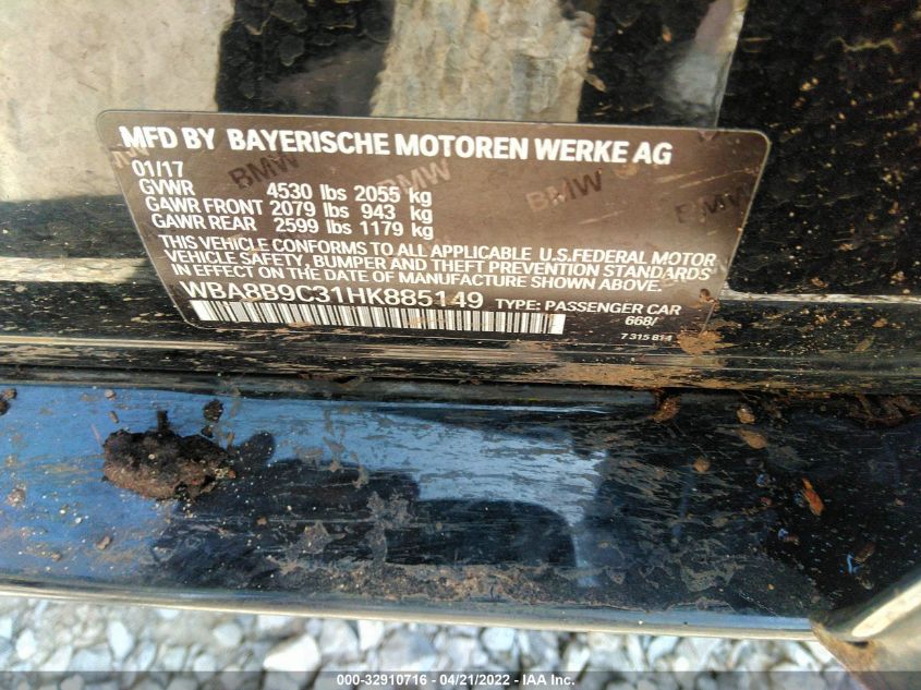 2017 BMW 3 SERIES 330I WBA8B9C31HK885149