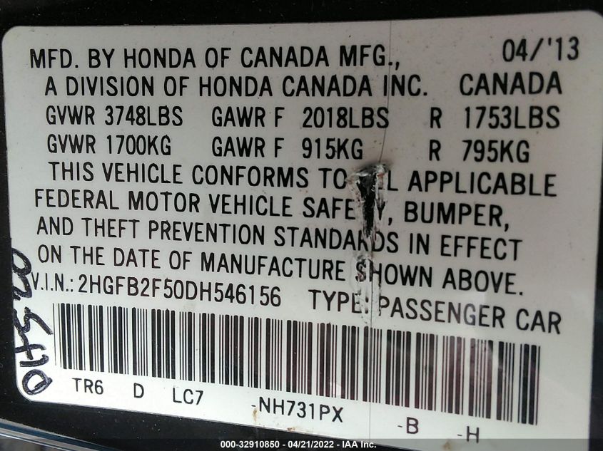 2013 HONDA CIVIC SDN LX 2HGFB2F50DH546156