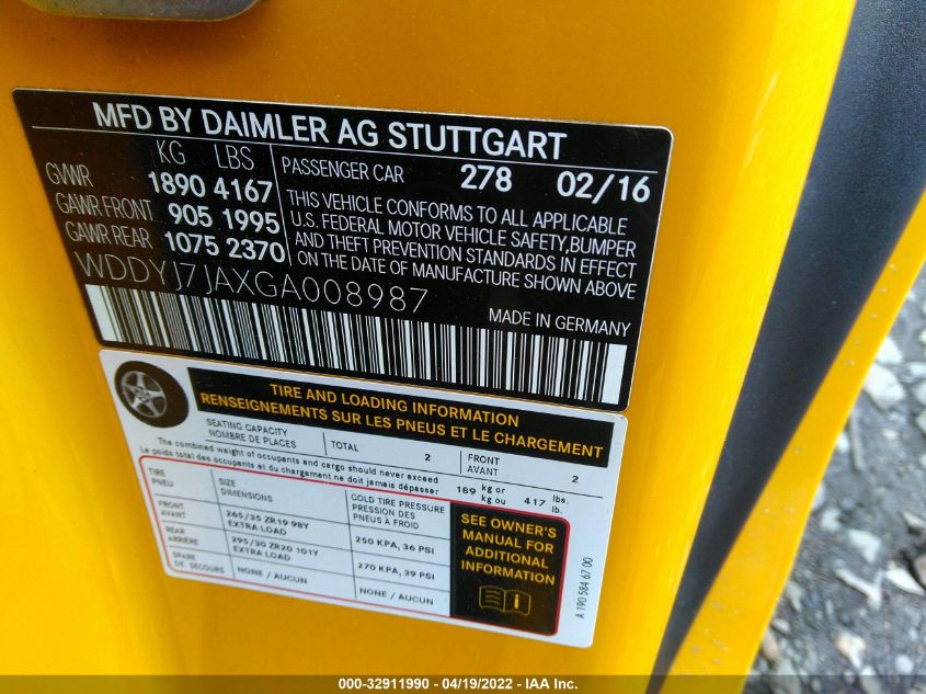2016 MERCEDES-BENZ AMG GT S WDDYJ7JAXGA008987