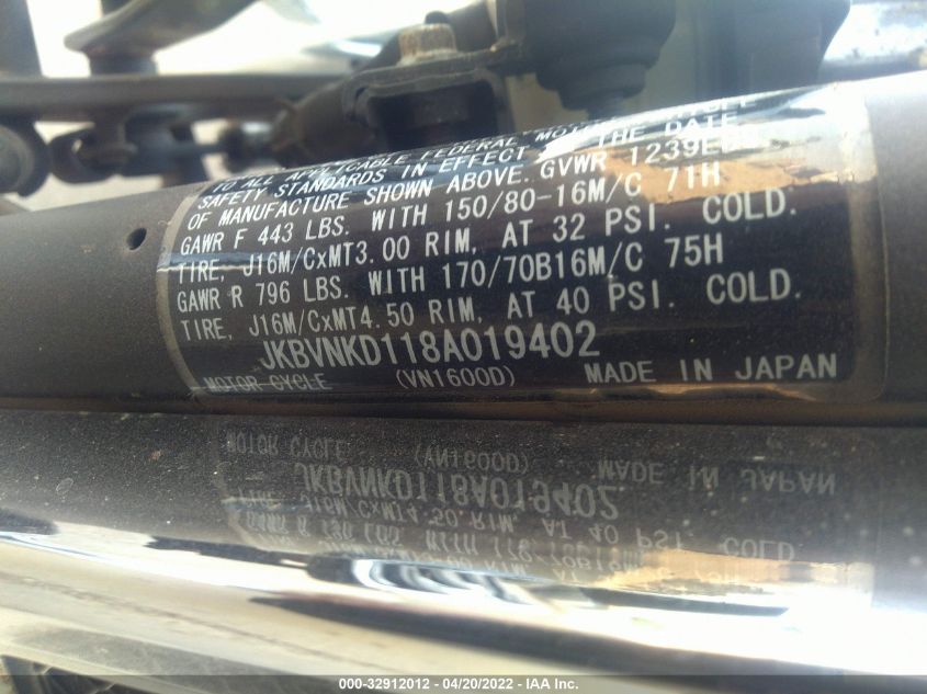 2008 KAWASAKI VN1600 D JKBVNKD118A019402
