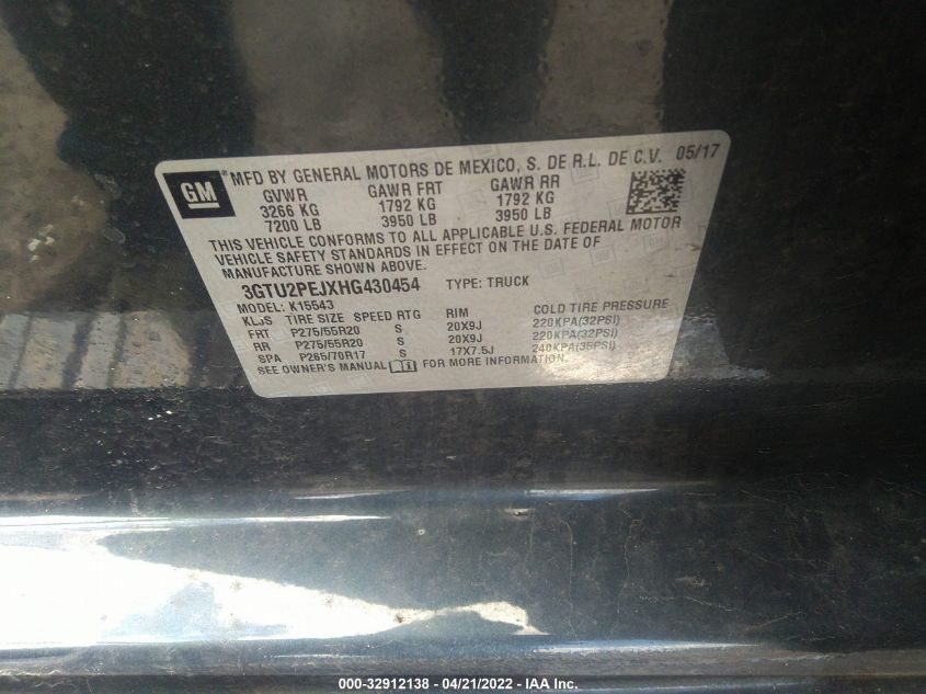 2017 GMC SIERRA 1500 K1500 DENALI 3GTU2PEJXHG430454