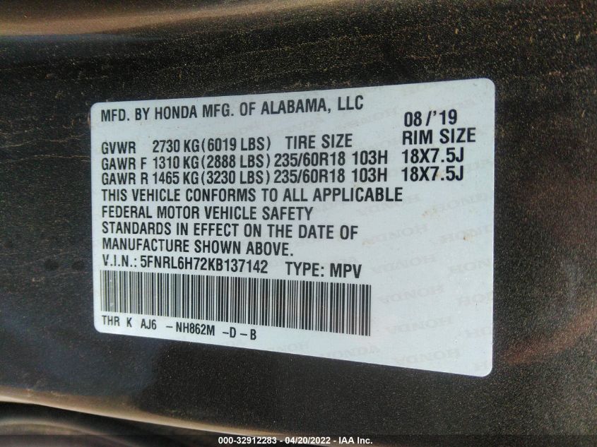 2019 HONDA ODYSSEY EX-L 5FNRL6H72KB137142