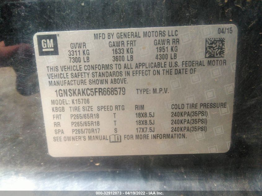 2015 CHEVROLET TAHOE LS 1GNSKAKC5FR668579