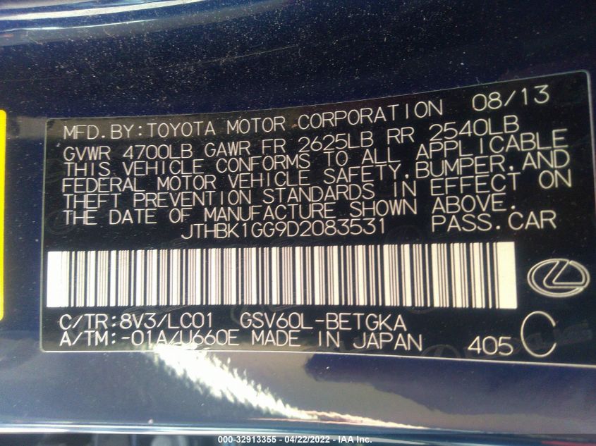 2013 LEXUS ES 350 4DR SDN JTHBK1GG9D2083531