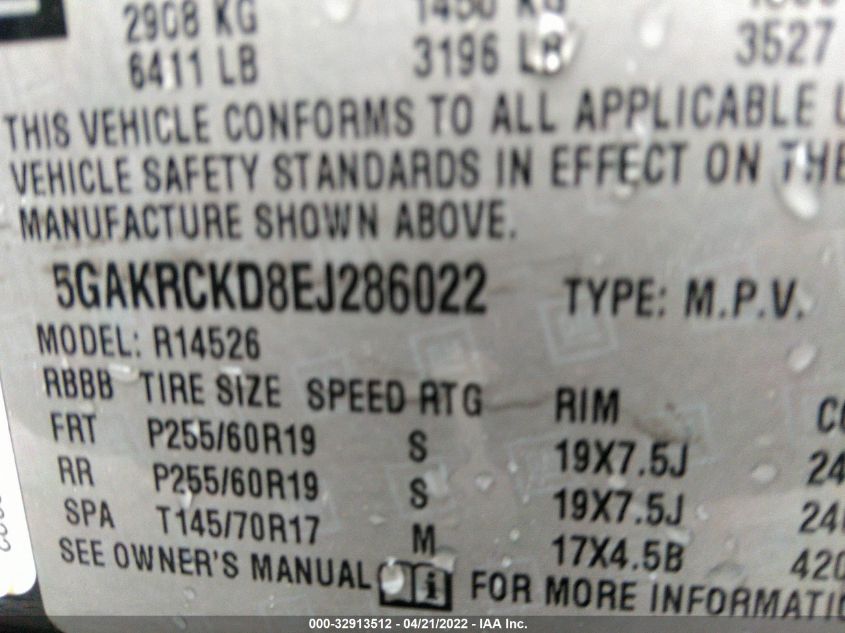 2014 BUICK ENCLAVE PREMIUM 5GAKRCKD8EJ286022